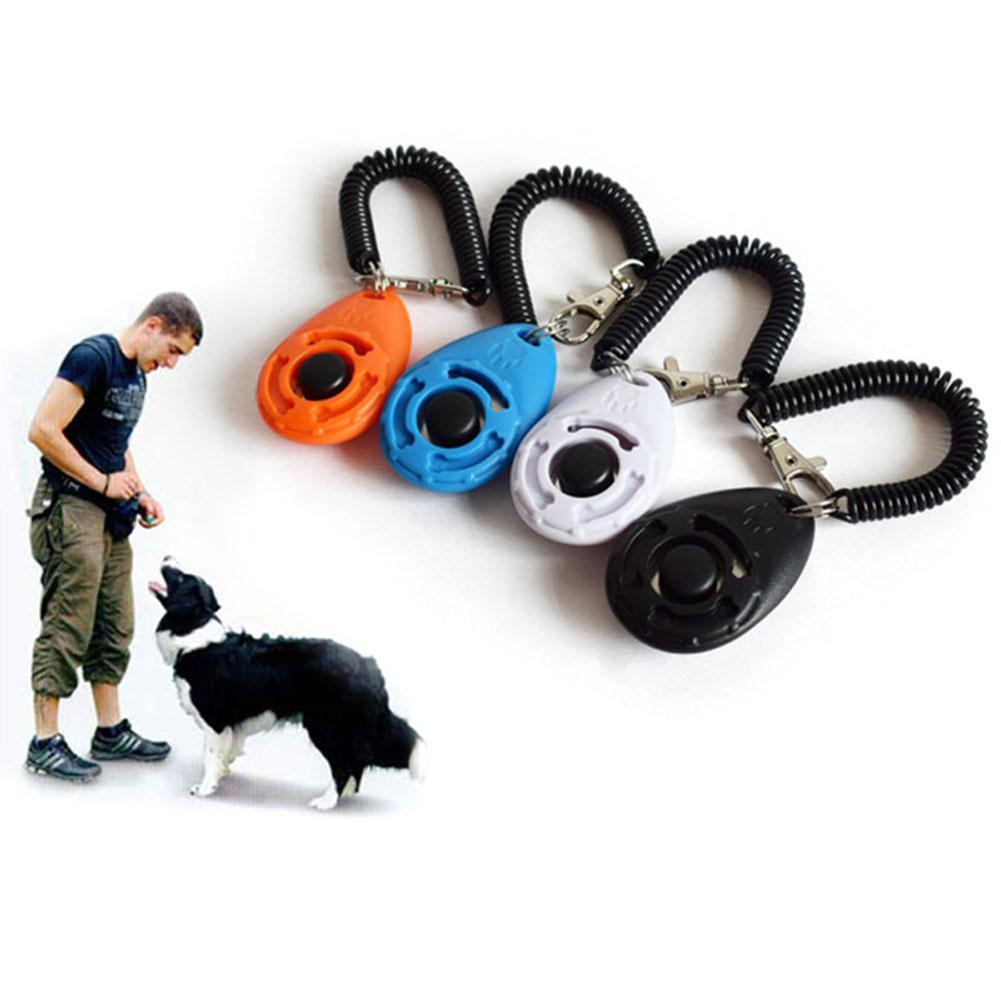 Kæledyr hund træning clicker plast hunde klik træner hjælp for justerbar håndledsrem lyd nøglering hund repeller