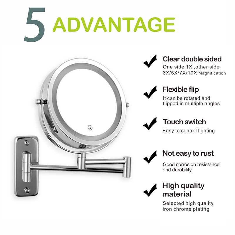 Folding Arm Extend Bathroom Mirror with LED Light 7 Inch Wall Mounted Double Side Smart Cosmetic Makeup Mirrors Mirror Wall