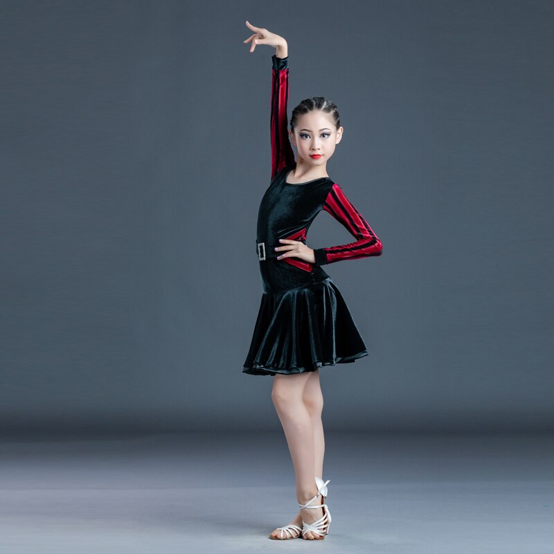 Children Latin Dance Dress Female Autumn Winter Velvet Long Sleeve Ballroom Performance Competition Dress Dance Wear: Red Sleeve / 170cm