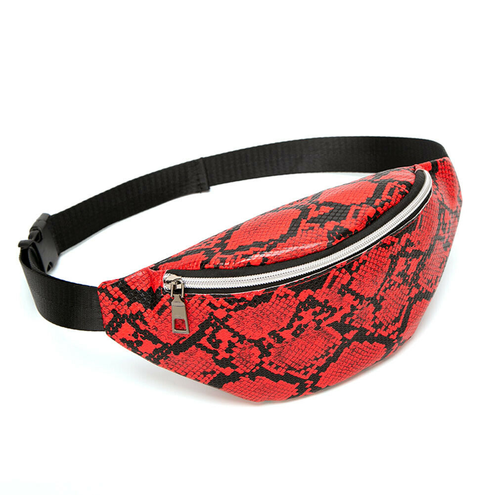 fanny pack snake pattern women's waist bag PU leather portable travel chest bag purse: Red