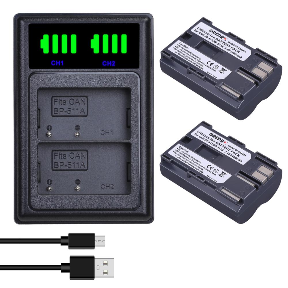 2Pcs 2400mAh BP-511 BP-511A BP 511 Battery + LED Dual USB Charger with Type-C port for Canon EOS 40D 300D 5D 20D 30D 50D 10D G6: 2B with Charger