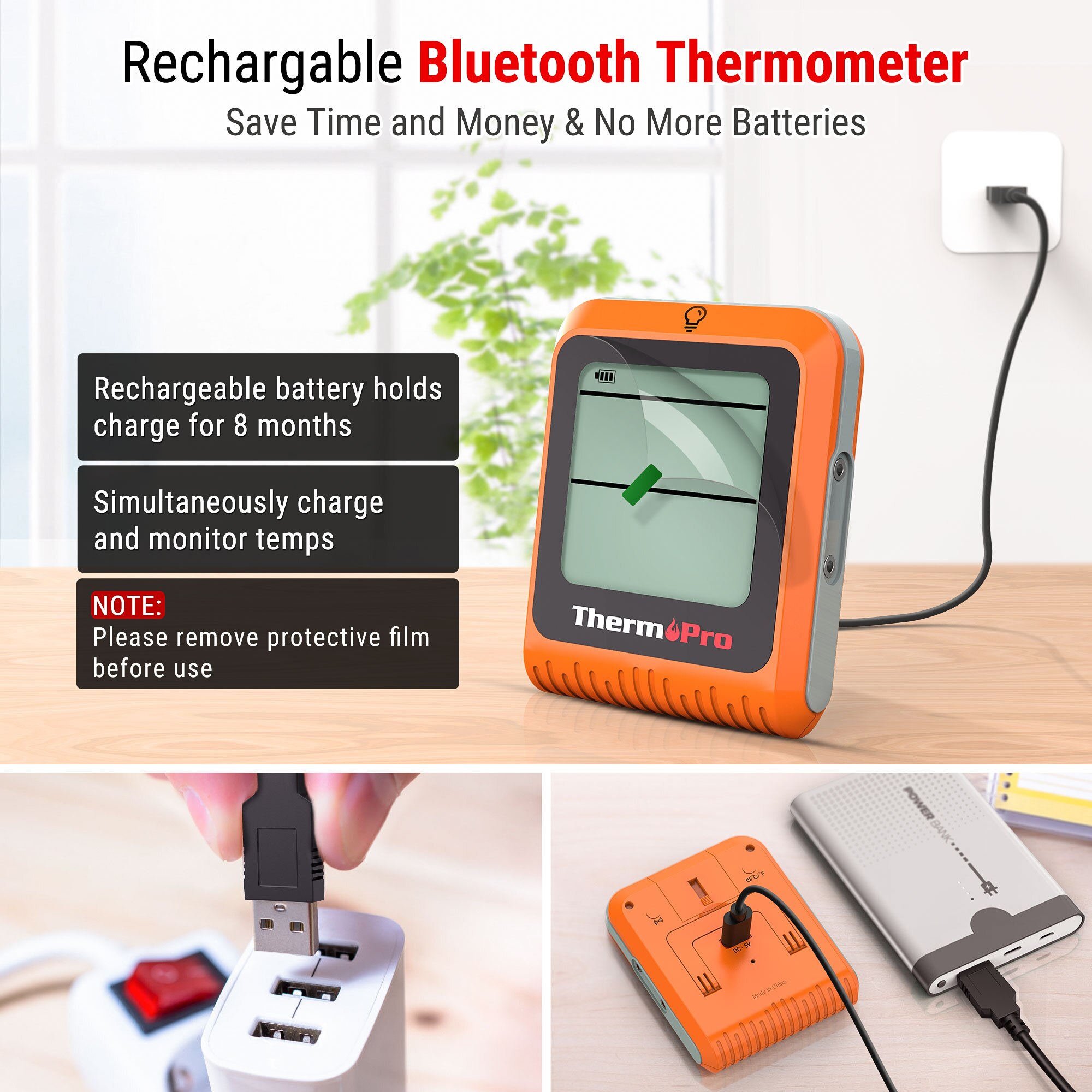 ThermoPro-termómetro Digital TP920 recargable, 150M, inalámbrico, compatible con Bluetooth, retroiluminación, para cocina, barbacoa, horno, carne