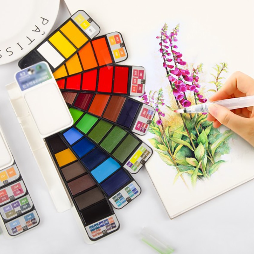18/25/33/42 kleuren Opvouwbare Effen Aquarel Verf Set Fan Vormige Aquarel Met Water Borstel Pen wasbare Spons