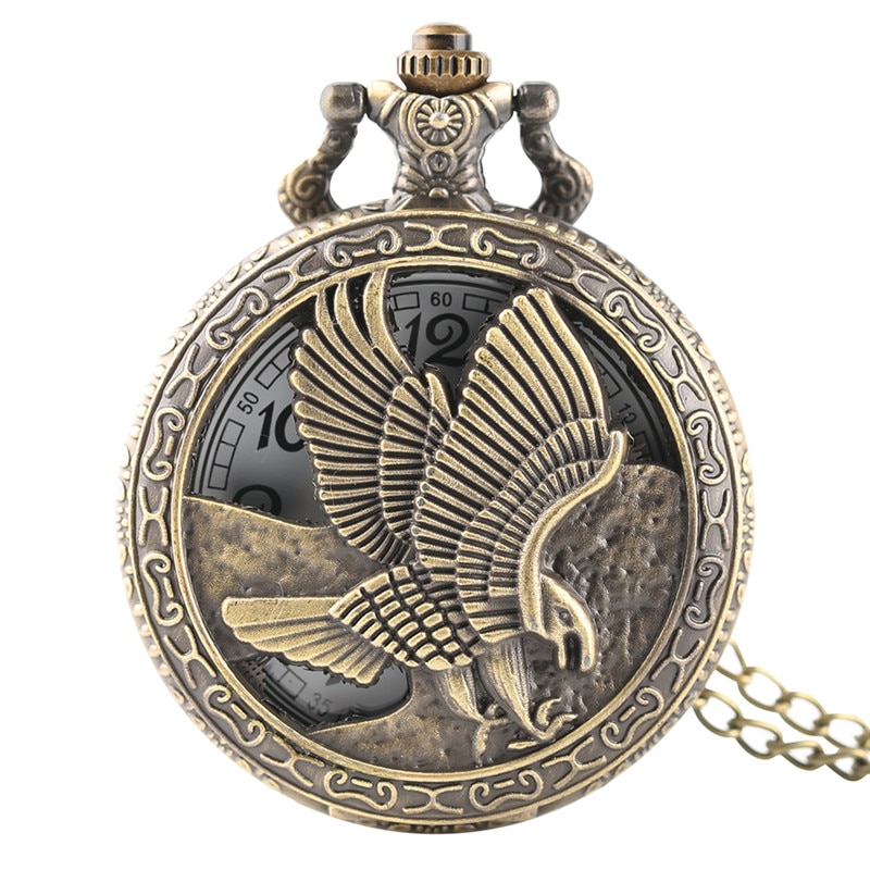 Vintage 3D Flying Eagle Cover Necklace Pocket Watch Bronze Hawk Wing Pendant Fob Chain Quartz Clock Souvenir for Men Women