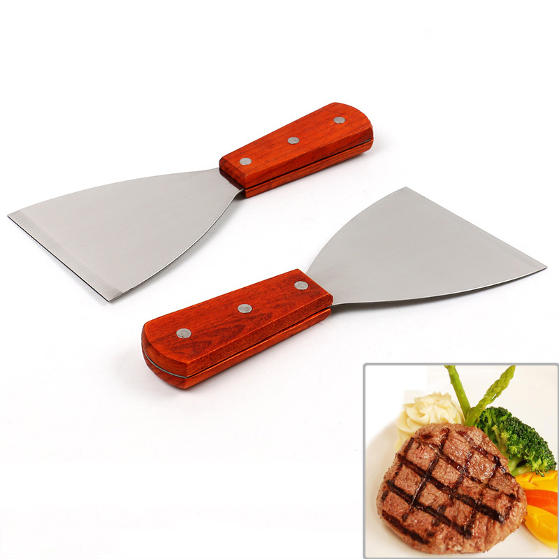 Stainless Steel Blade Grill Slant Edge Scraper Wooden Handle Food Service Beef Chicken Barbecue Cooking Tools FQ-ing