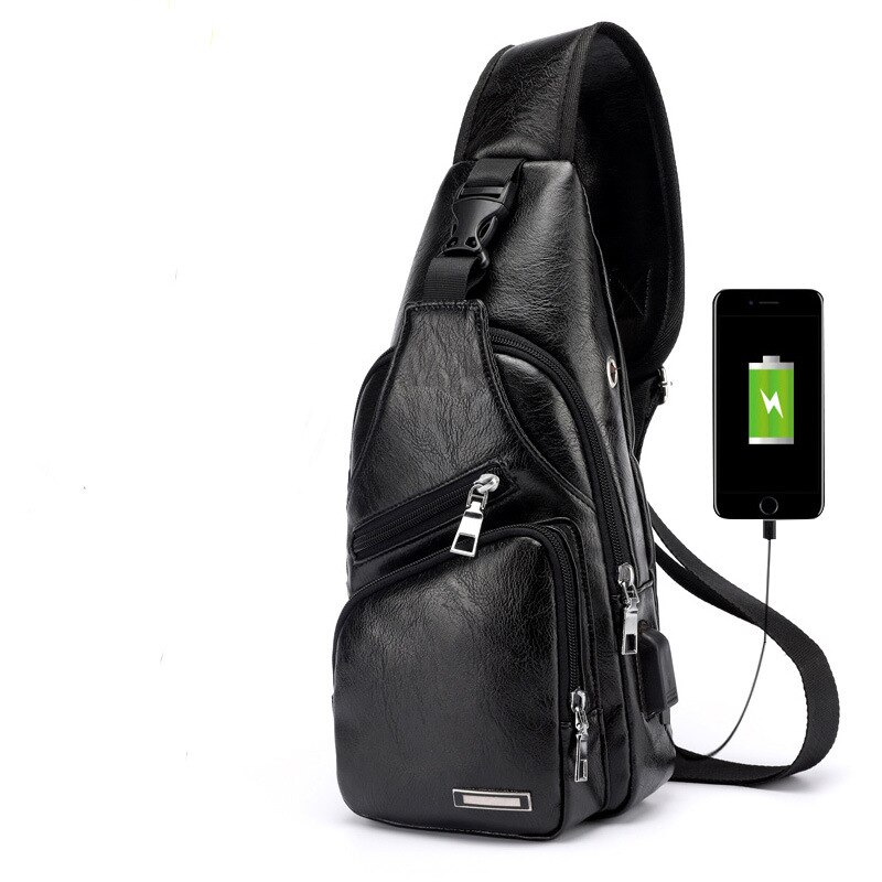 Men Back Pack Chest Pack Single Shouler Rucksack England Chest Bag Shoulder Cross Body PU Leather External USB Charger: black