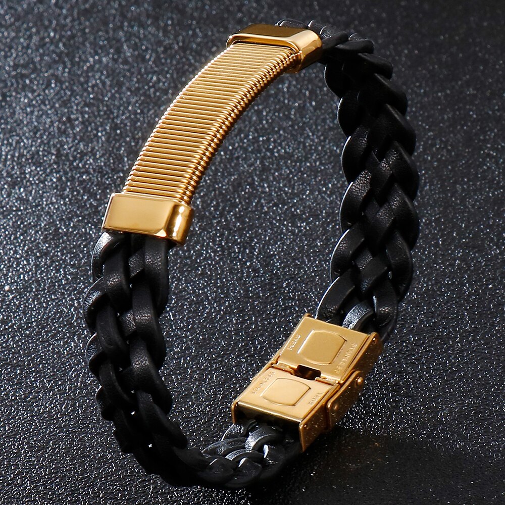 Vintage sieraden, gouden roestvrijstalen polsbandjes voor jongens, 13mm brede gevlochten leren armbanden voor mannen, zwarte armbanden