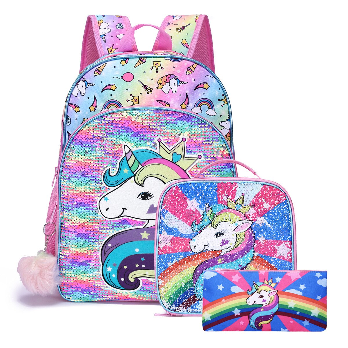 Leuke Eenhoorns Paard Sequin Stof Meisjes Kids Lunch Zakken Pen Zak Boekentas Drie Sets Student School Rugzak: Default Title