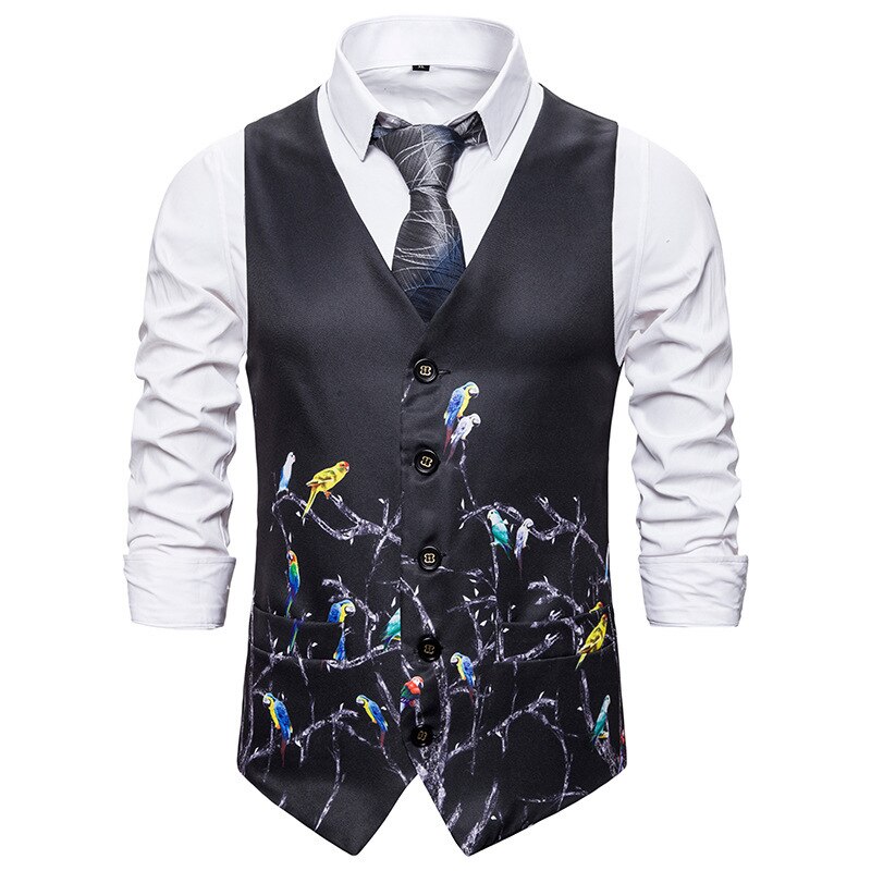 Herfst- en winterherenvest 3d vest met vogeltakprint herenkostuumvest trouwvest  mj165