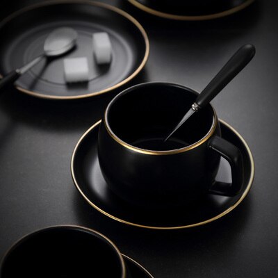 Tasse à café de luxe en céramique noire mate, 4 tasses avec soucoupe, tasse à thé au lait, pour les affaires, style nordique, de mariage: B