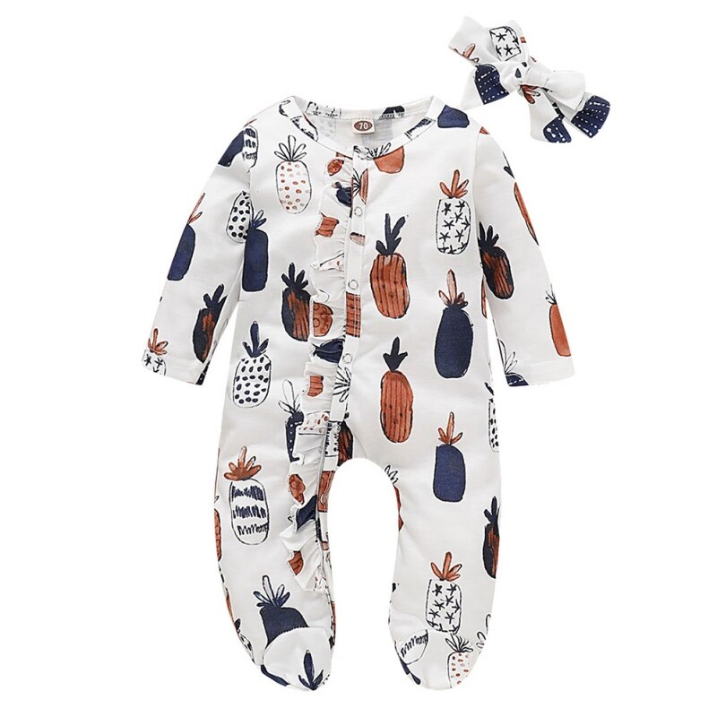 Herfst Print Rompertjes Pasgeboren Baby Baby Meisje Jongen Kleding Katoen Romper Jumpsuit + Hoofdband 2 Stuks Outfits Set baby onesie