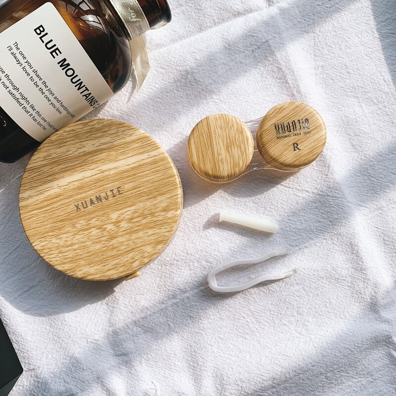 Natural series Round contact lens case with mirror storage box Lens container Imitation wood grainEye contacts case: Light Brown