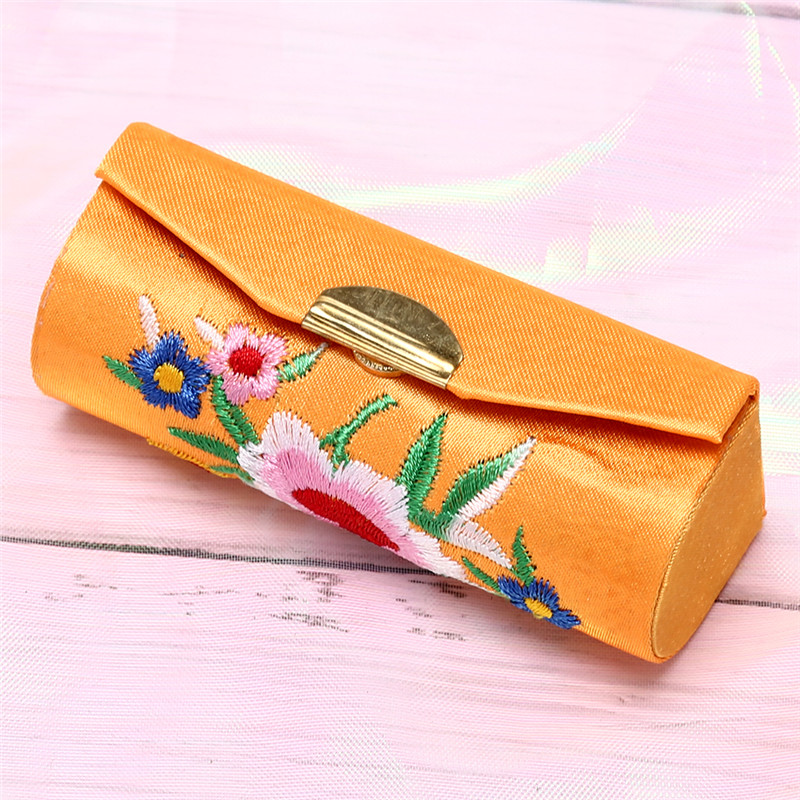 Holder Flower Lipstick Case Retro Embroidered With Mirror Jewelry Packaging Box: yellow