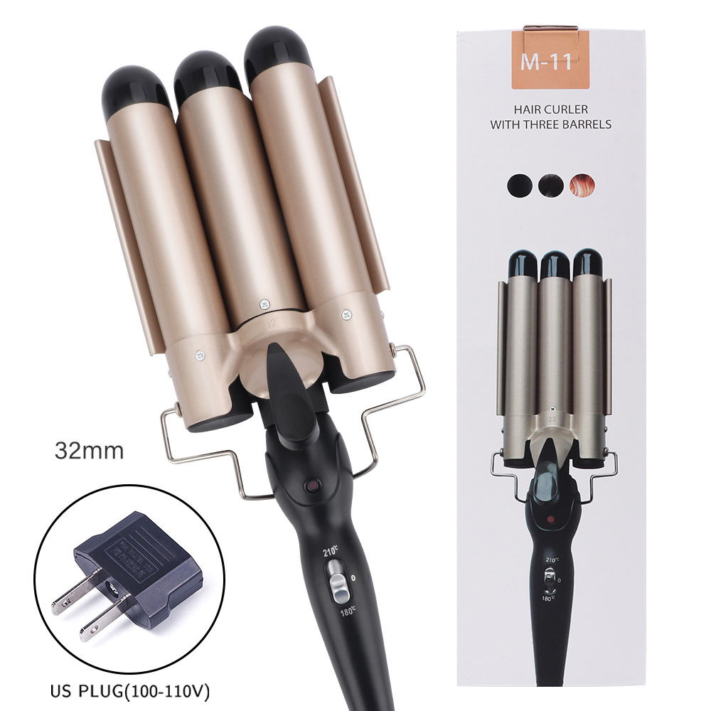 Prancha modeladora de cachos profissional, aparelho de ferro e cerâmica para encaracolar e ondular o cabelo, modelador de cabelos com três cilindros: 32MM US PLUG