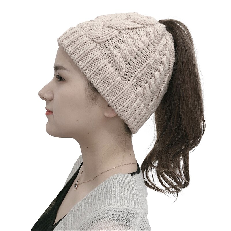 Ladies Girl Stretch Knit Hat Ponytail Beanies Winter Knitting Hats Winter Women Hat Holey Warm Hats Caps: beige