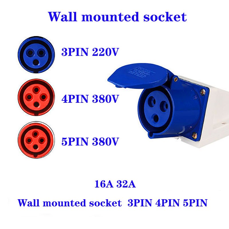 IP44 Industrial Plug and Socket Waterproof Connector 3PIN 4PIN 5PIN 16A/32A Waterproof Electrical Connection Wall Mount Socket