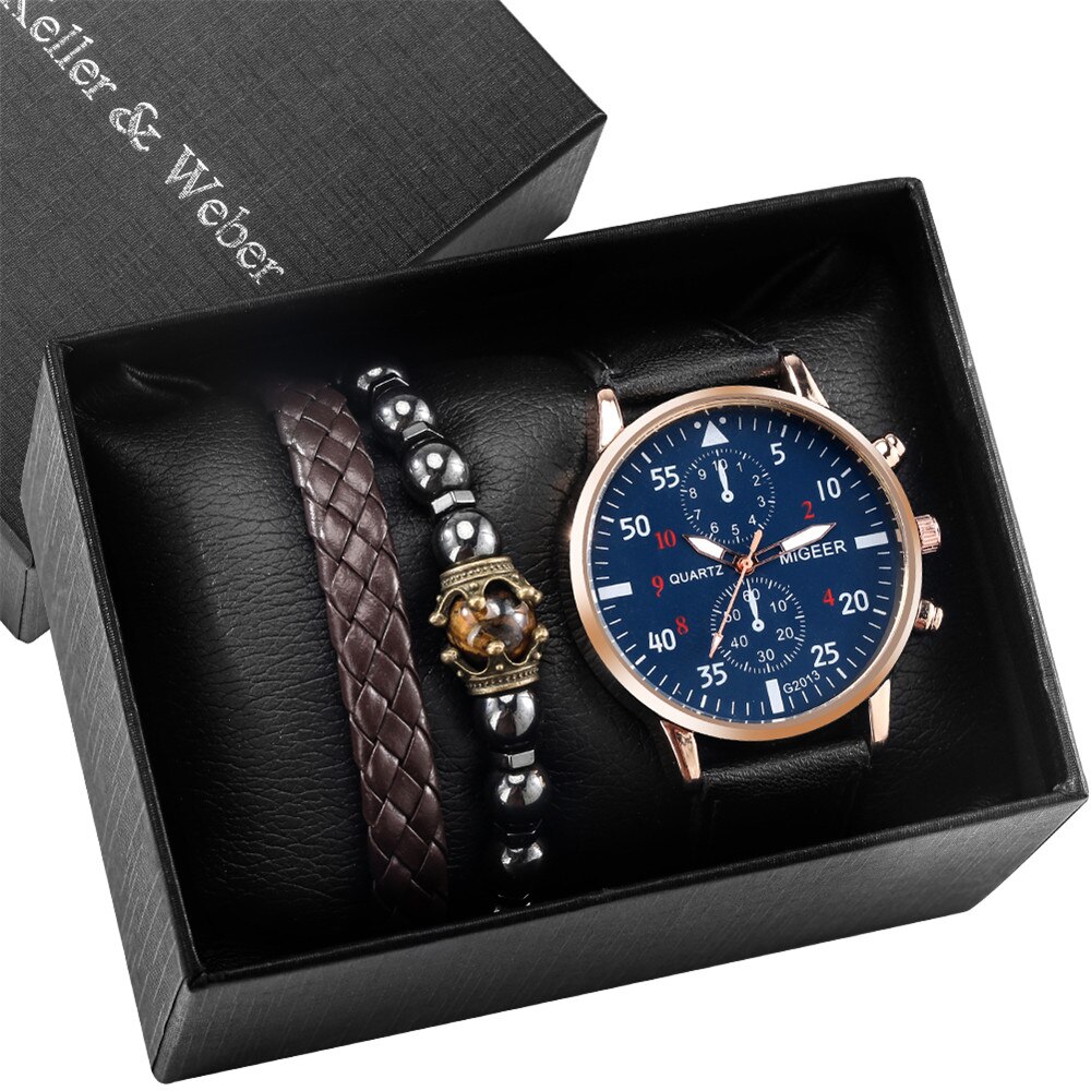 Reloj de pulsera de cuero de cuarzo para hombre y mujer, Set de 3 piezas con caja de , pulseras de , de cumpleaños para Hijo/marido/amigos: Watch Gift Set 038