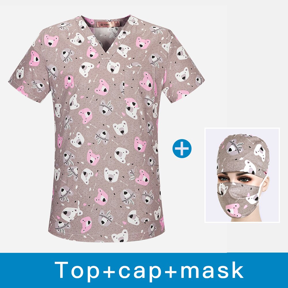 breathable cartoon printing nursing scrub unisex dental care uniform workwear shirt cotton workwear top + hat: top cap mask / XL