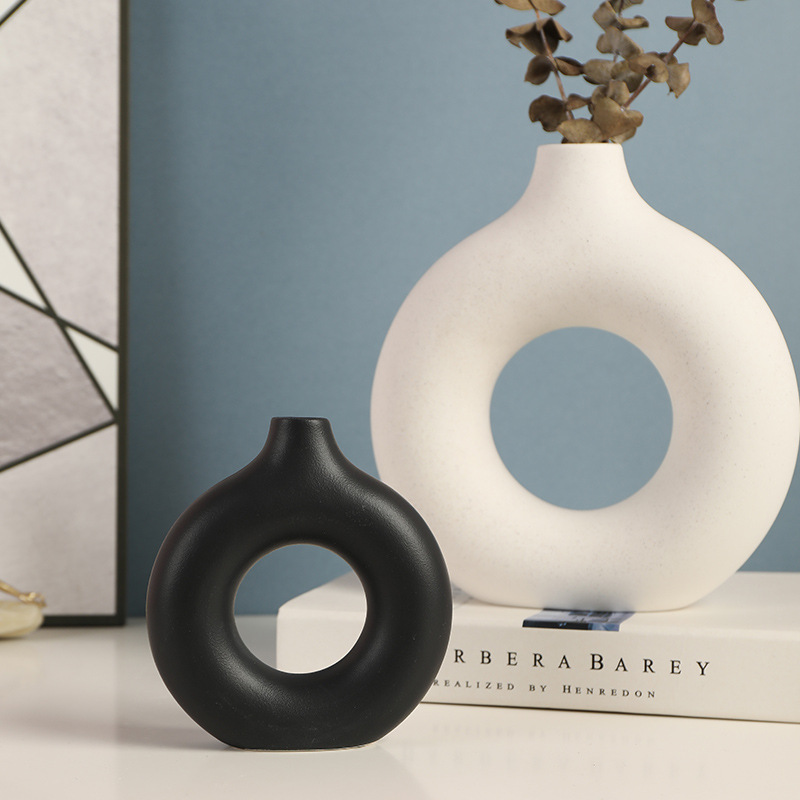 Jarrón de cerámica hueco Circular nórdico, maceta de donas, accesorios de decoración del hogar, oficina, escritorio, sala de estar, de decoración Interior