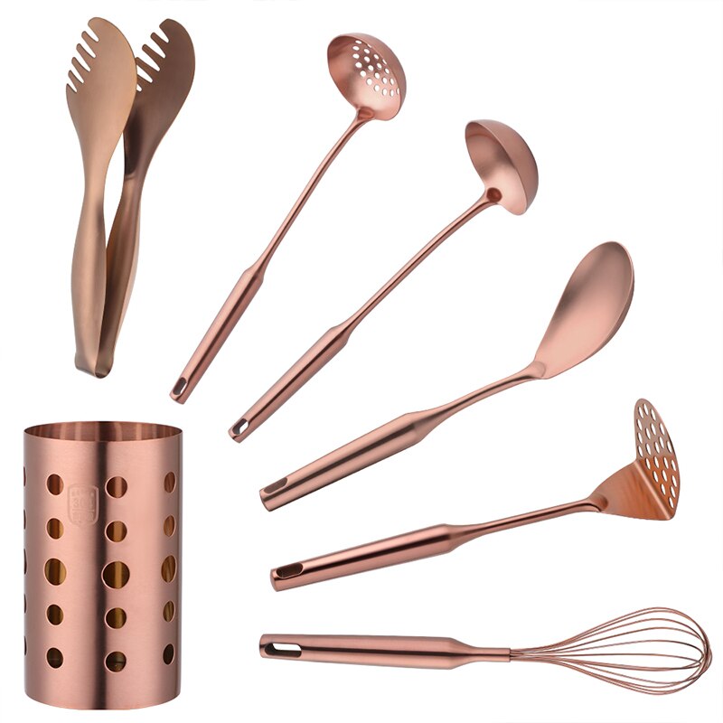 1/7pc Stainless Steel Kitchen Utensils Chopsticks Tube Soup Ladle Colander Set Gold Cooking Tool Set Egg Stirrer Kitchenware Set: Rose Gold 7pcs