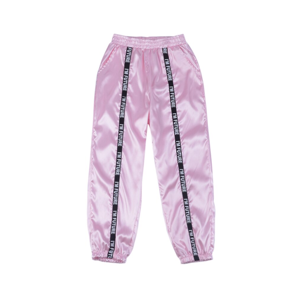 Sfit été grande poche Satin surligner sarouel femme brillant Sport ruban pantalon BF Harajuku Joggers pantalon de Sport femme: Pink / Asian Size S