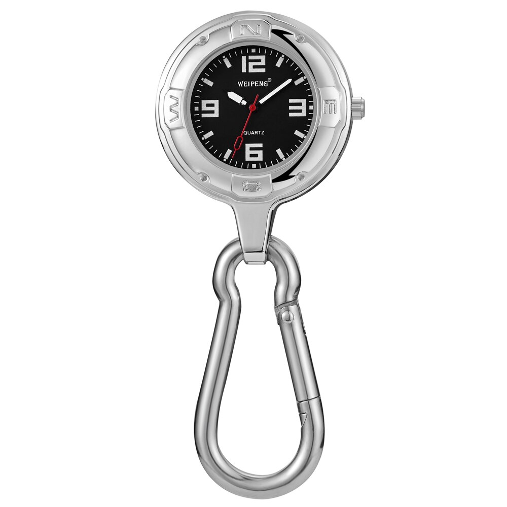 Haak clip zilveren quartz zakhorloge lichtgevende wijzers karabijnhaak voor klimmers gemakkelijk mee te nemen gladde ronde wijzerplaat outdoor horloge: Zwart