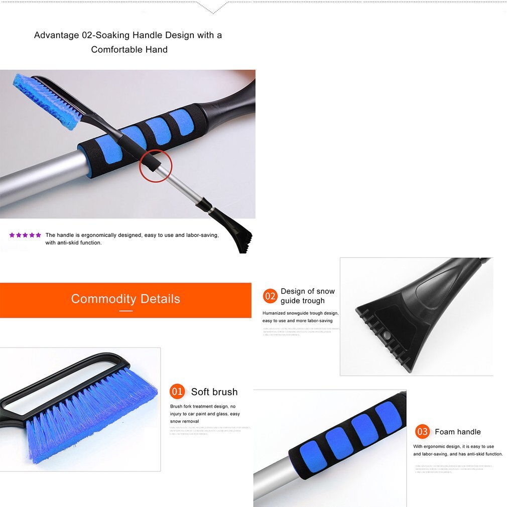 Ice Scraper Extended Pole Expandable Winter Multifunctional Snow Shovel Snow Clearing and Deicing Tools Vehicle Supplies