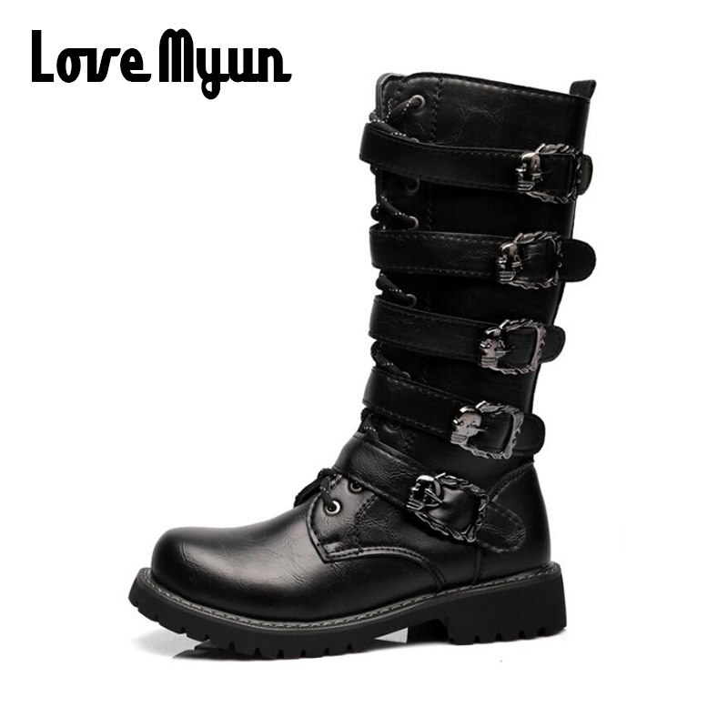 Män motocross stövlar motorcykel skor pu läder rock mid-calf spänne motorcykel stövlar punk skor motorcykel stövlar oo -79