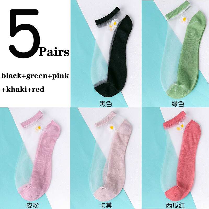 5 par/parti damesokker til sommer ultratynde gennemsigtige silkestrømper af glasfiber daisy flower japan ankelsokker: Parti 15
