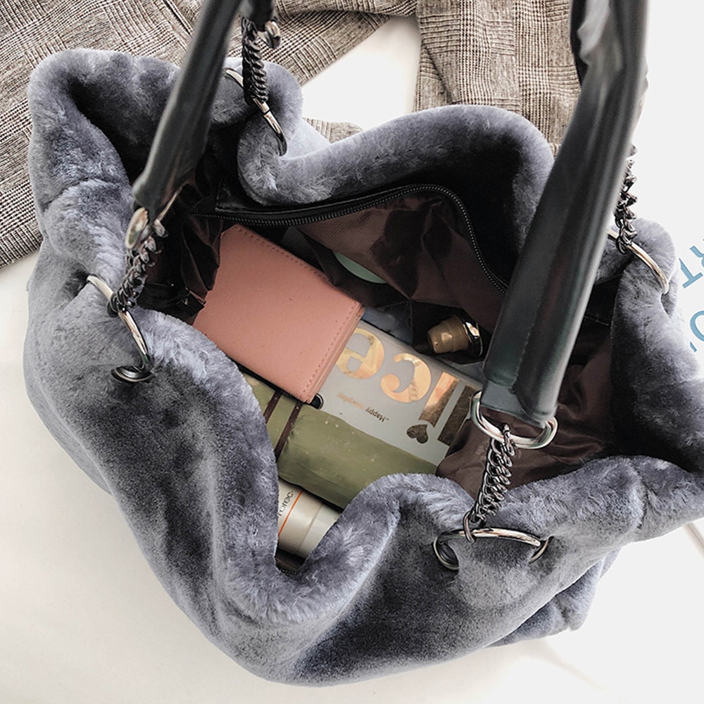 Faux Fur Women Shoulder Bag Casual Plush Lady Tote Handbag Chain Larger Capacity Shopping Bag Travel Purse Female Winter