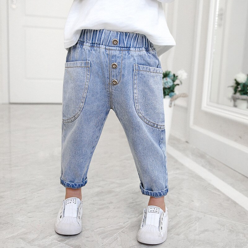 Nuevos pantalones vaqueros de para bebés, pantalones de mezclilla de Color liso con cintura elástica para otoño, pantalones vaqueros casuales para niños y niñas, ropa de primavera: 18 meses