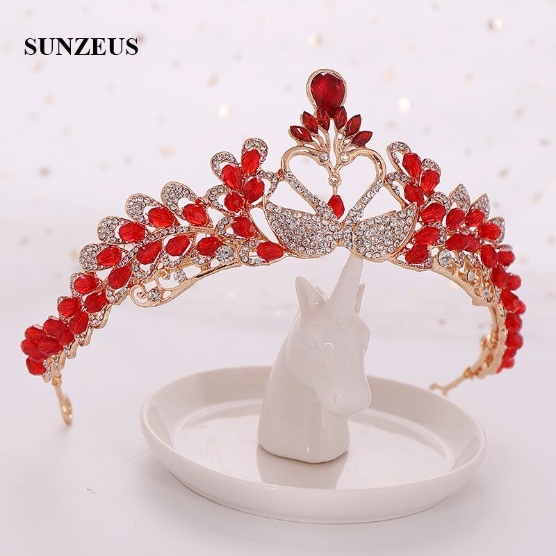 Chinese Red Children Party Crowns Crystals Beaded Swans Wedding Tiaras For Kids Flower Girl Head Accessory SQ452
