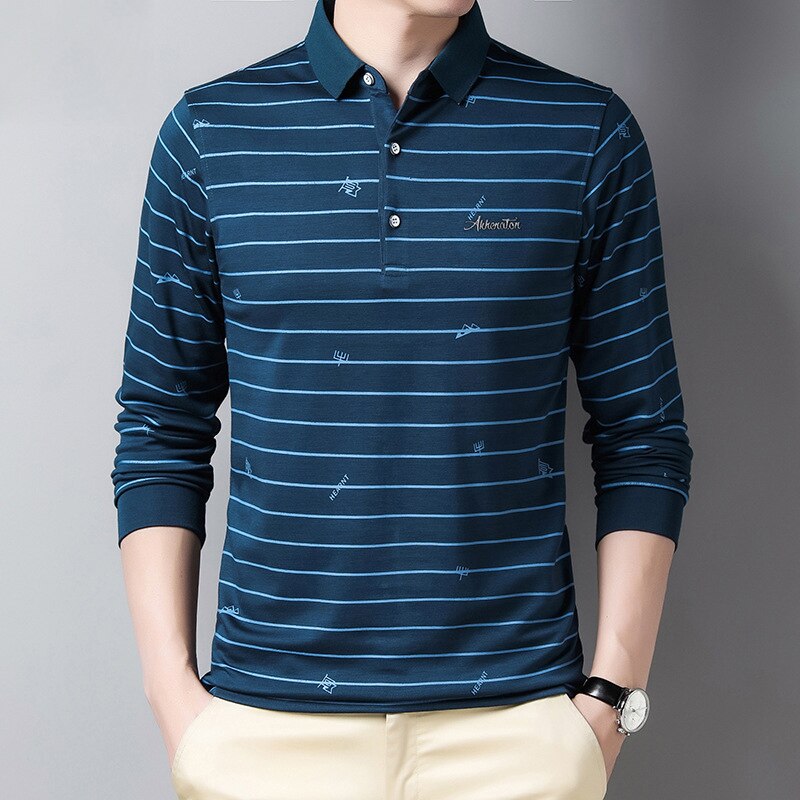 Efterår stribe tryk herre langærmet polo shirt business casual revers mærke polo shirt mandlig