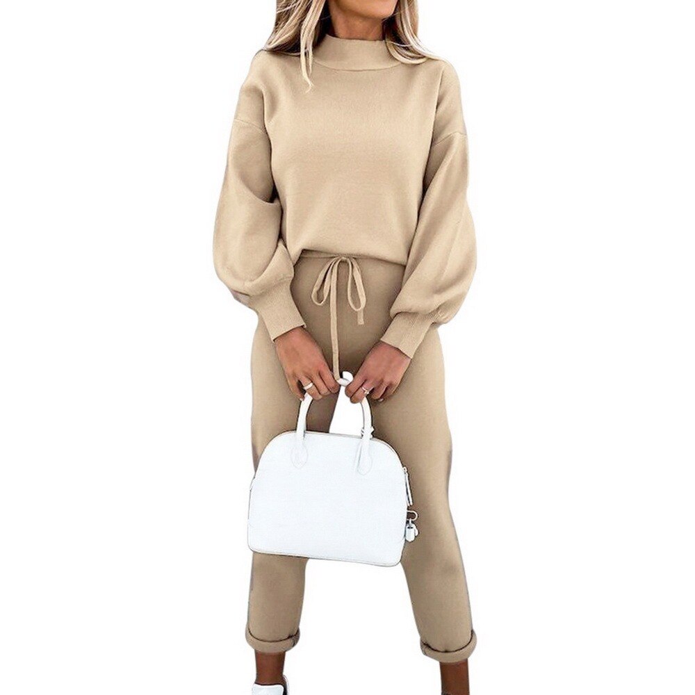 Survêtement deux pièces pour femmes, ensemble de vêtements d'automne surdimensionnés, Top et pantalon empilés, costume de Jogging, tenues de loisirs féminins: Beige / 3XL