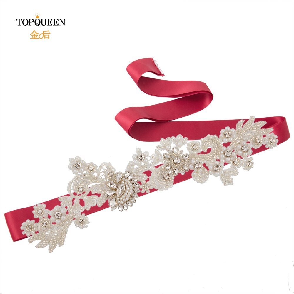 TOPQUEEN S157 Hochzeit Schärpe Braut Gürtel funkelnd Schärpe für Kleid Plus Größe Birne Band Schärpe Schwarz Band Strass Gürtel Schärpe gürtel: Wein  rot