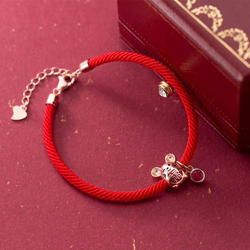 La Monada 925 Sterling Zilveren Lucky Zodiac Muis Rat Rood Touw Armbanden Rode Draad Op Hand Line String Armbanden Voor vrouwen Goud: Goud