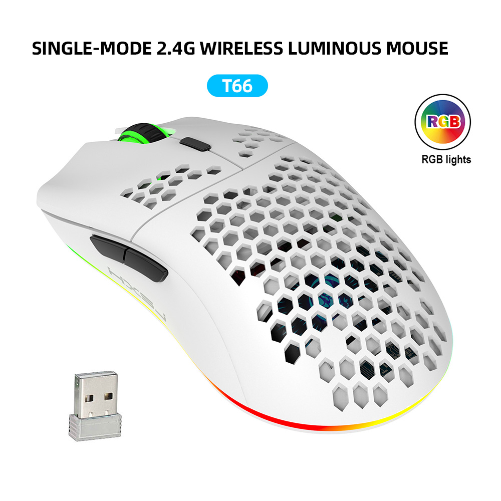 HXSJ Hole Heat Dissipation Light 2.4G Wireless Mouse Rechargeable 3600DPI Adjustable RGB Lighting for Notebook PC: T66 White
