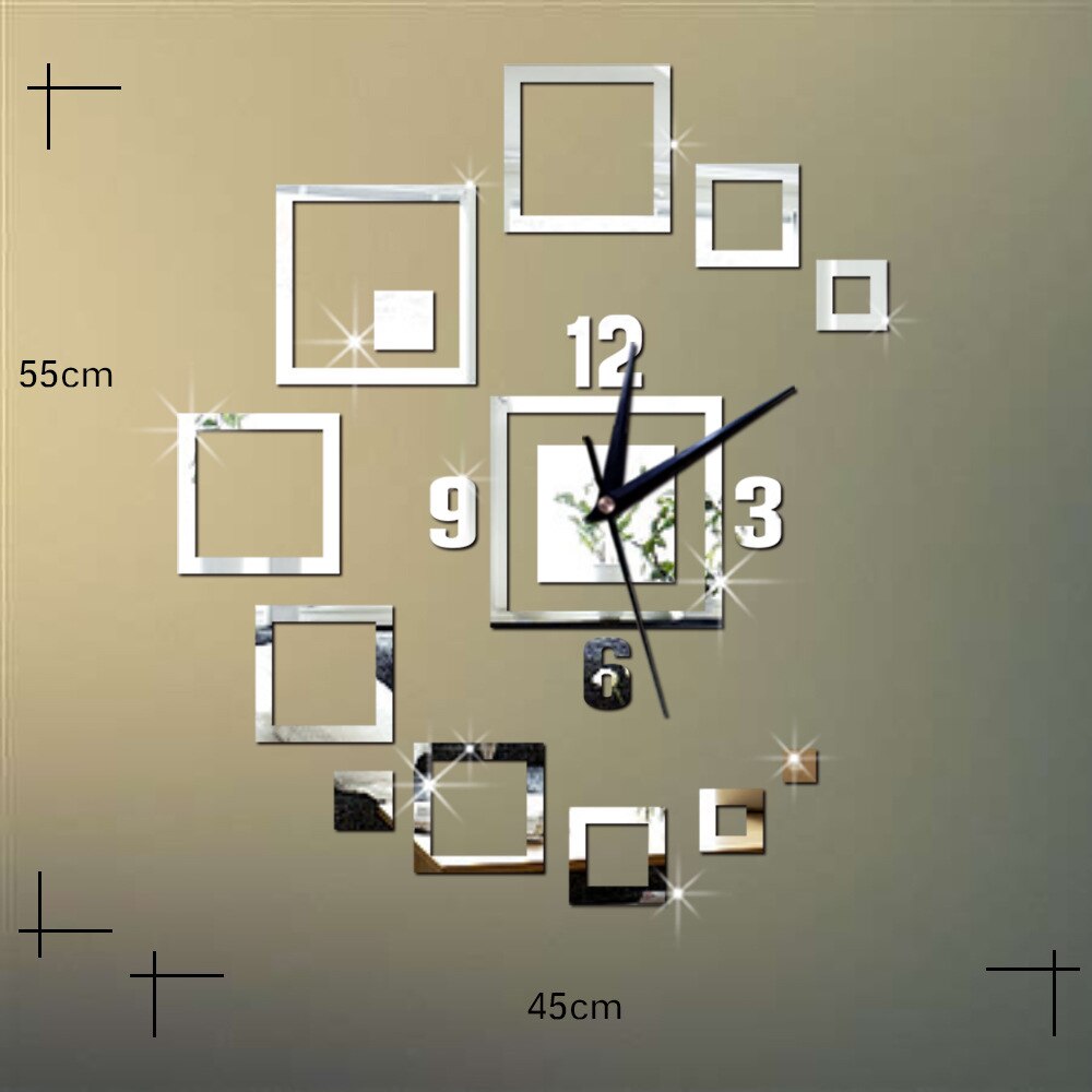 DIY Mirror Wall Clock Square Mirror Clock Stereo Acrylic Living Room Wall Clock Decoration Mute Clockwise