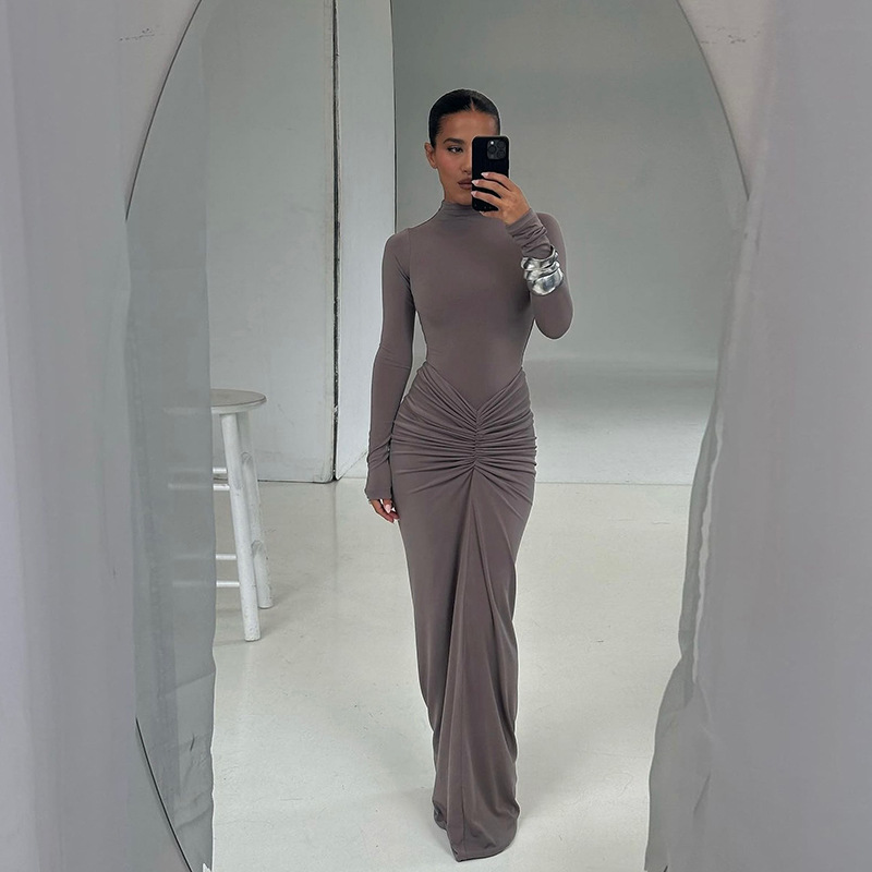 Kryptografisk langærmet sexet bodycon maxikjole outfits klubfest ensfarvet efterårskjoler vestido fødselsdagstøj