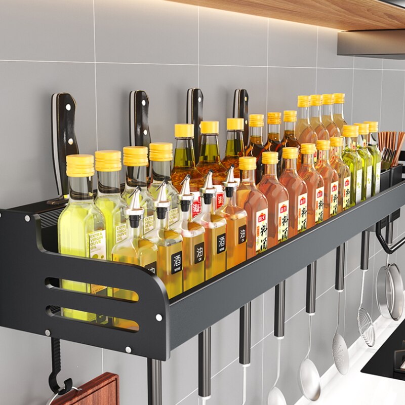 Kichen Wall-mounted Storage Shelf Spice Racks Multifunctional Punch-free Kitchen Shelf Aluminum Save-space Kichen Organizer Rack