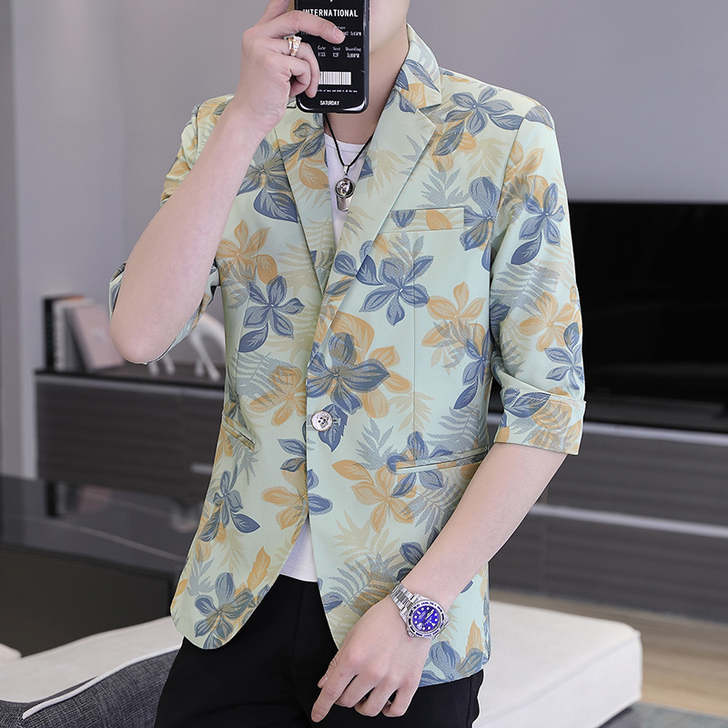 Spring Summer Men Blazers Flower Half Sleeve Casual Suit Jacket Wedding Business Street Wear Social Jacket Slim Fit Dress Coat