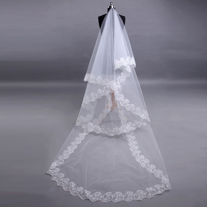 Voile de Tulle blanc Ultra Long, 1.5/2/3/5M, 1 couche, voile de mariage, large, brodé, Floral Hexagonal, bord appliqué, 1.5/2/3/5M