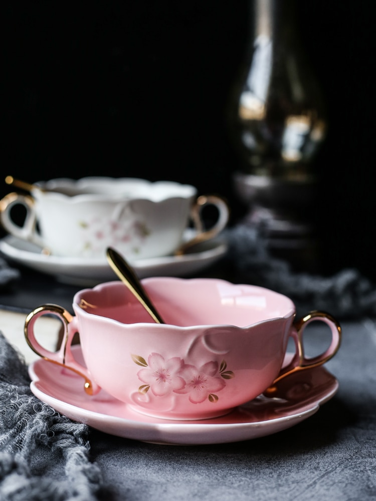 Kaffekopper med skefad romantisk kirsebærblomst præget keramisk mælkekopskål til bryllup binaural suppeskål dessertfugl