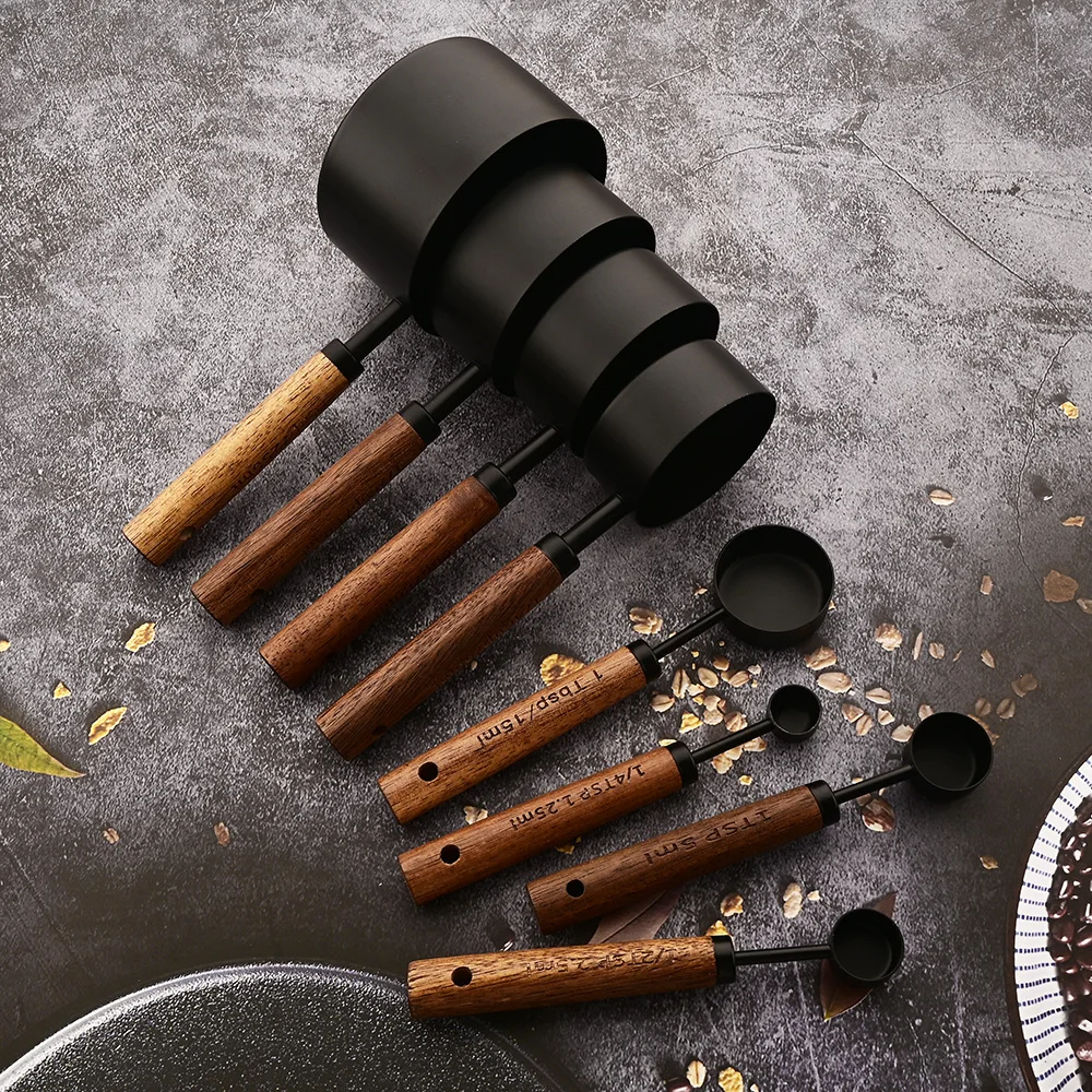 4/8Stck Holzgriff Edelstahl Messbecher Löffel Backen Werkzeuge Kaffee Messlöffel einstellen Bartending Skala Zubehör
