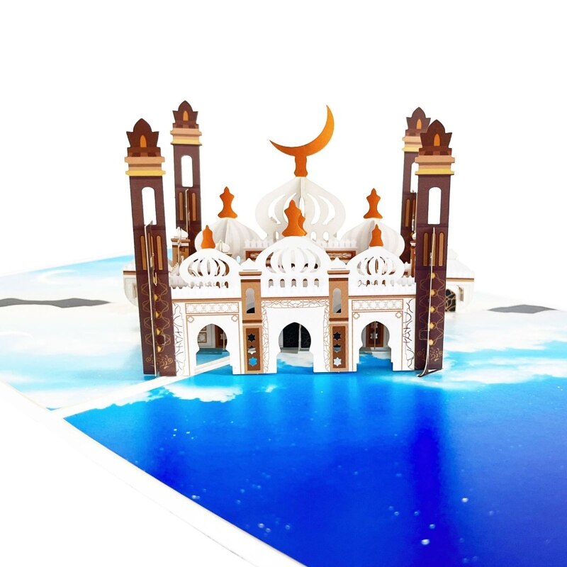 3D Eid Mubarak Greeting Card Moon Mosque Islamic Year Cards