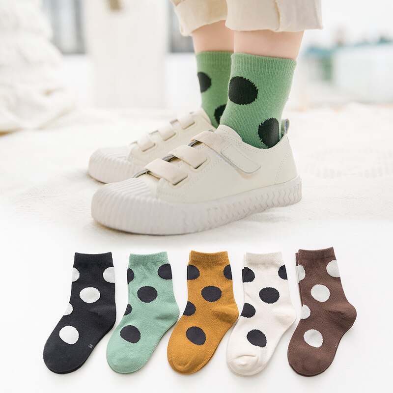 5-pair pacote menino meias meias de algodão meias da menina outono e inverno grande polka dot cor combinando meias crianças meias de algodão