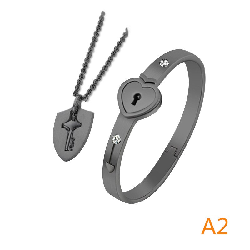 A Couple Lovers Jewelry Love Heart Lock Bracelet Stainless Steel Bracelets Bangles Key Pendant Necklace Jewelry: A2