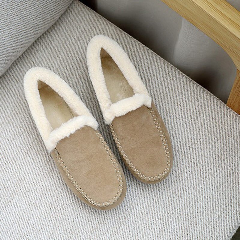 Kvinder varme moccasin sko plys vinter damer kausal blød bund skridsikker kvinde syning ruskind kvindelige loafers lejligheder: Khaki / 6.5