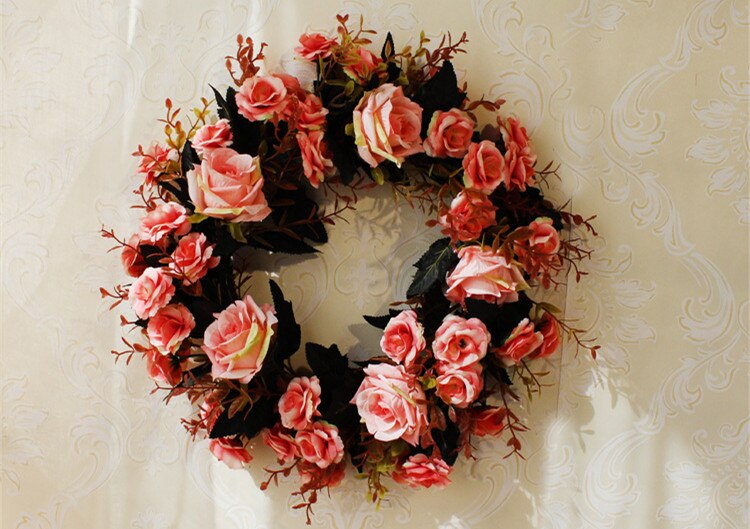 Kunstbloem Ronde krans rotan zijden bloem simulatie rose bloem plant wedding home muur deur decoratie party: pink-35cm