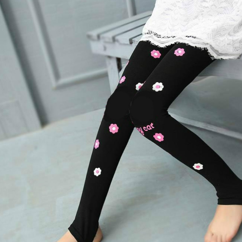 Primavera otoño chicas Leggings Skinny niños gato niños pantalón negro mallas de algodón pantalones gato patrón para flores niñas lazo elástico